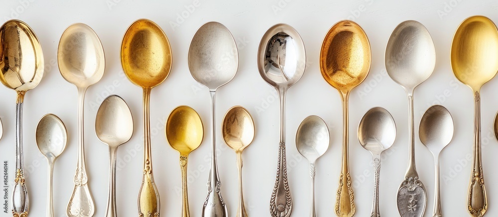 Aufkleber Gold and silver spoons on a white backdrop provide a striking contrast, creating an elegant display with copy space image.