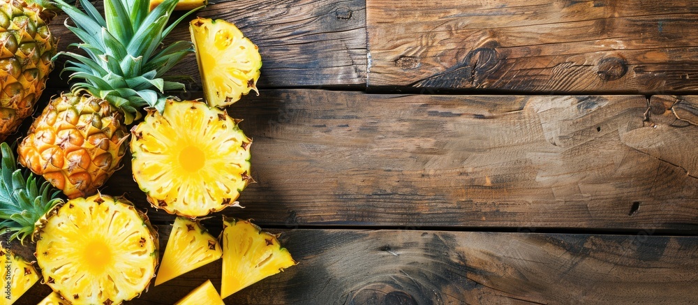 Poster Whole and sliced pineapple on a wooden surface with copy space image.