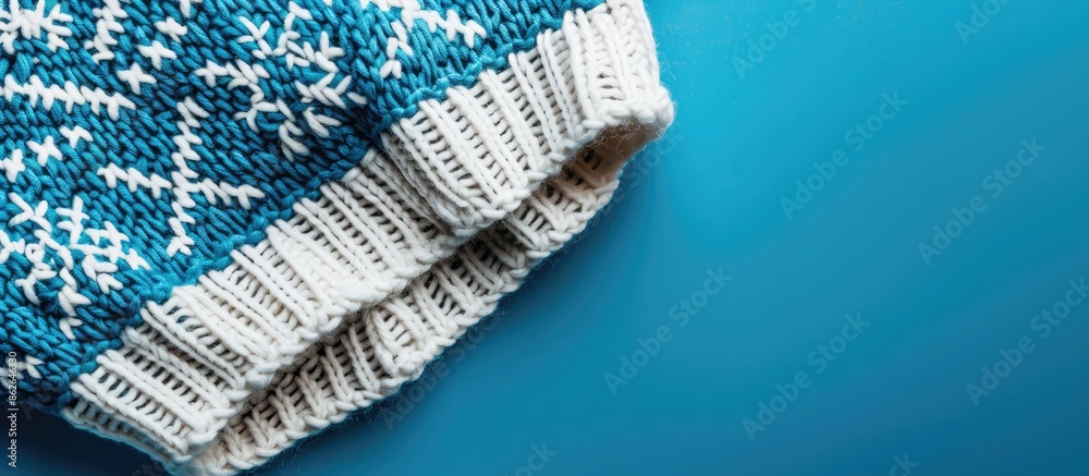 Poster Scandinavian-style knitting pattern on a blue backdrop with copy space image.