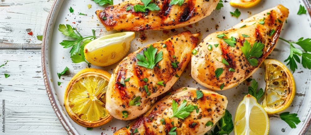 Poster healthy chicken breasts topped with parsley and citrus on a white wooden backdrop in a top view copy