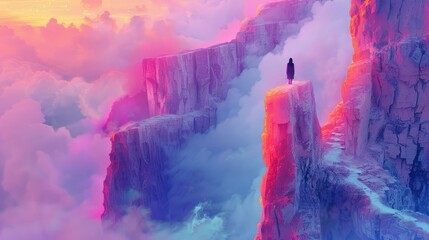 A lone figure stands on a cliff surrounded by vibrant, colorful clouds, gazing at a surreal, otherworldly landscape.