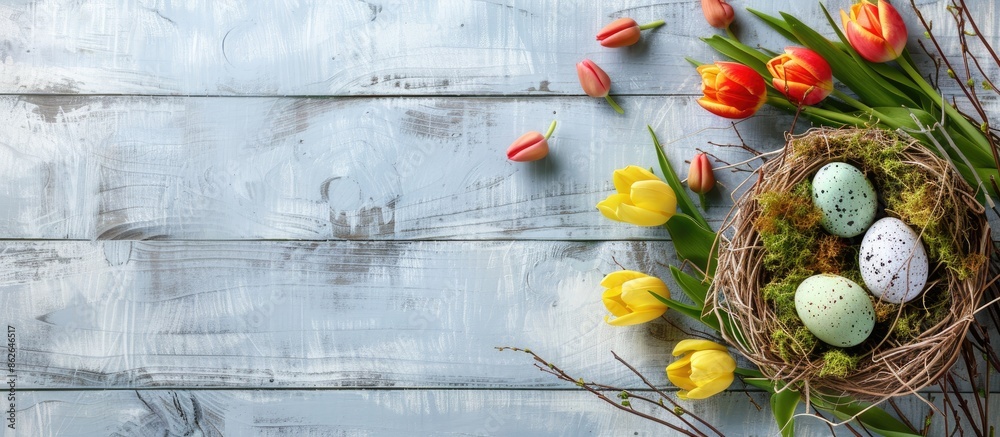 Poster Easter-themed greeting card with eggs in a nest, tulip bouquet, and moss on a rustic white wooden backdrop. Top view flat lay with space for text or image. Copy space image