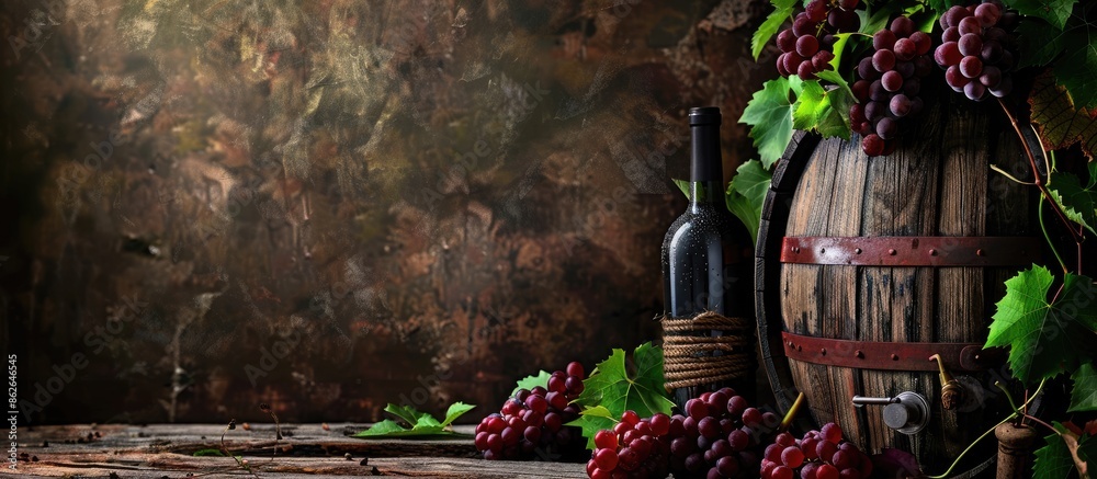 Poster An old wine barrel with a wine bottle, grapes, and vine leaves in front, creating a rustic scene for a potential copy space image.