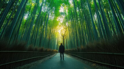 A person walks down a path through a dense bamboo forest, illuminated by sunlight, creating a peaceful and serene natural scene.