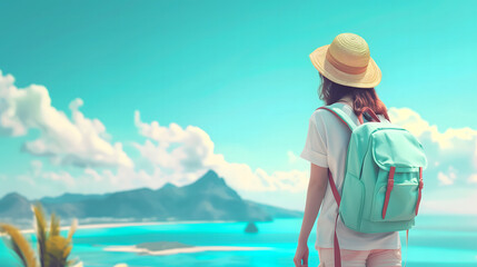 Advertising photo of a girl traveler on the seashore