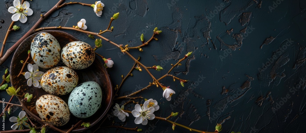 Poster Easter eggs nestle among blossoming branches against a dark backdrop with room for text or a picture. Copy space image. Place for adding text and design
