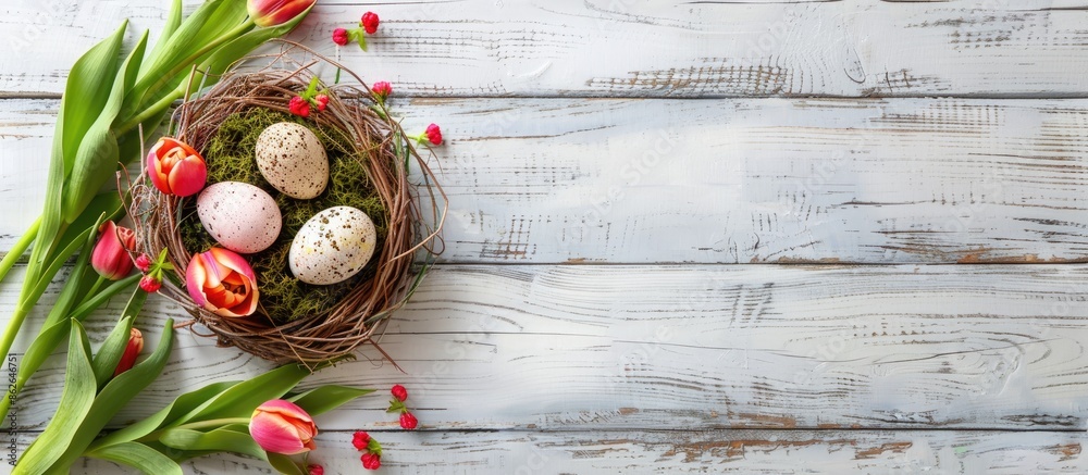 Aufkleber Easter-themed greeting card with eggs in a nest, tulip bouquet, and moss on a rustic white wooden backdrop. Top view flat lay with space for text or image. Copy space image