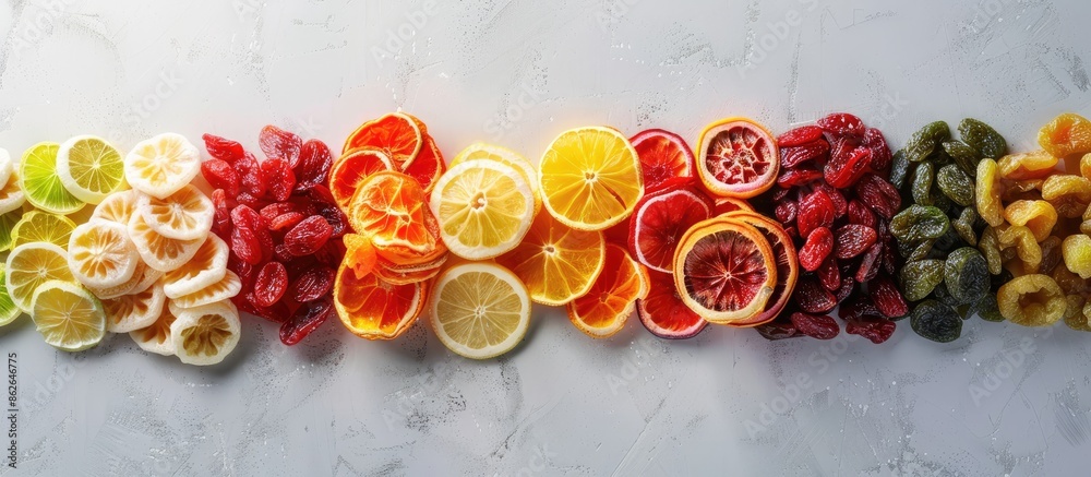 Poster a variety of dried fruits displayed in a copy space image.