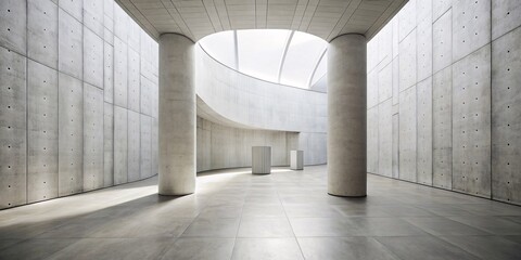 Obraz premium A bright, modern space featuring a minimalist design with exposed concrete walls, columns, and a polished floor. Sunlight streams in from a skylight, illuminating the center of the room.