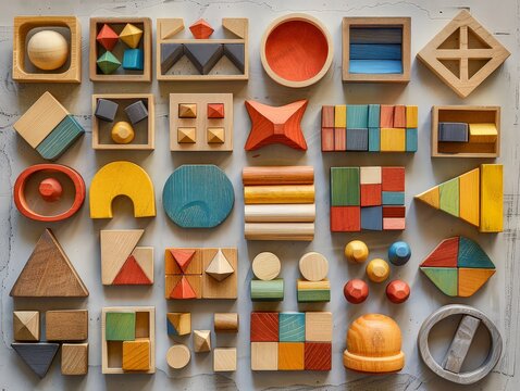 Set of math manipulatives, including counting blocks and geometric shapes, to enhance hands-on learning.