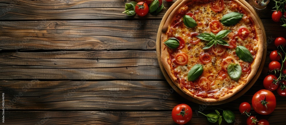 Poster italian pizza on wooden surface with space for text. copy space image. place for adding text and des