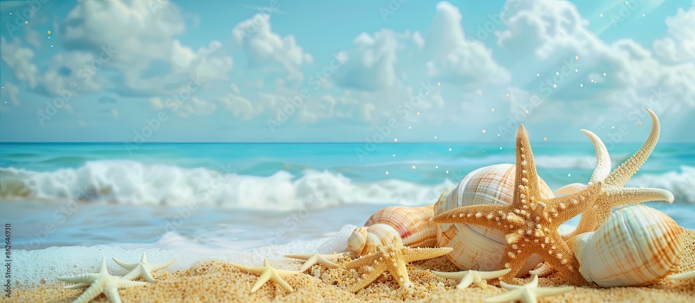 Poster A summer vacation theme with beach-related elements in the background, perfect for adding text or images. Copy space image. Place for adding text and design