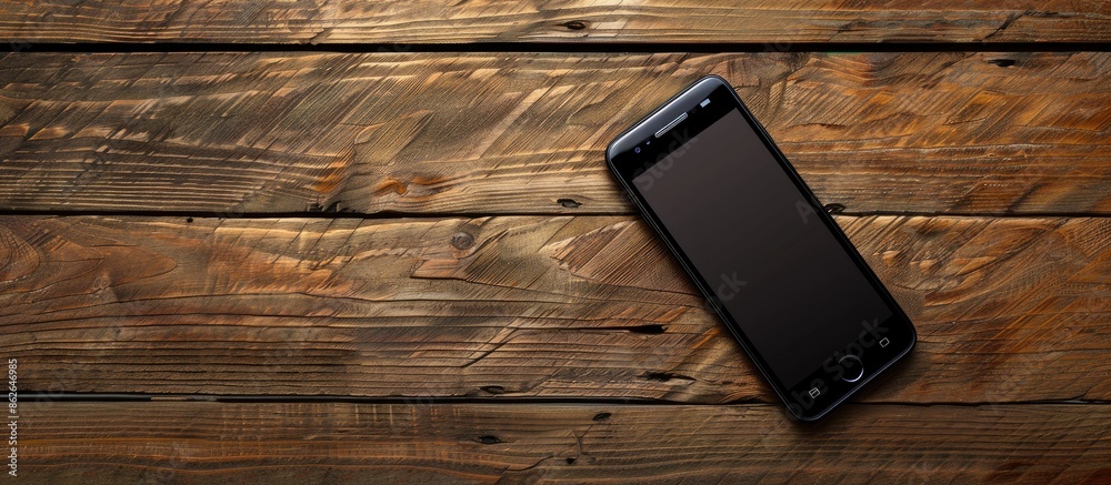 Poster smartphone placed on a wooden surface with copy space image.