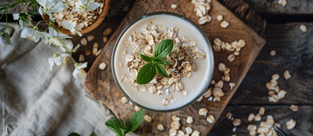 Aufkleber Oat flakes milk is a vegan non-dairy alternative with a creamy texture. Copy space image. Place for adding text and design