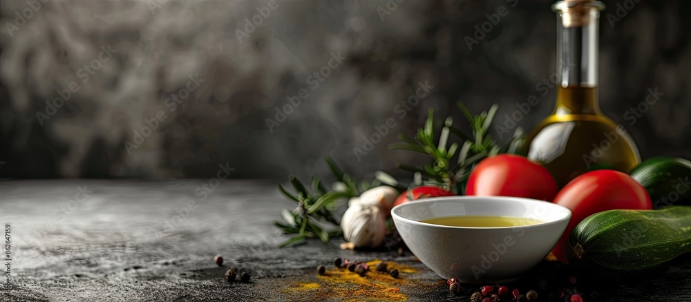 Poster on the table sits a fresh bowl of olive oil accompanied by vegetables and spices, creating a lovely 