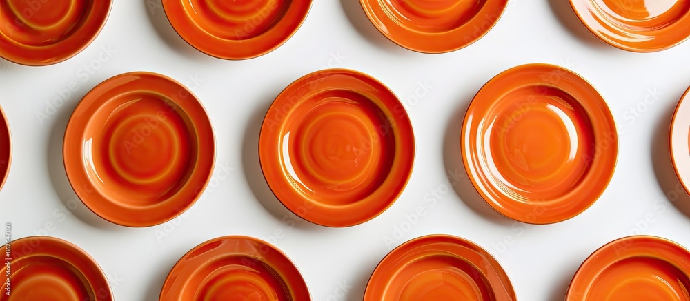 Aufkleber An arrangement of orange plates on a blank backdrop with room for more images. Copy space image. Place for adding text and design