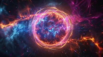 Neon Energy Sphere Surrounded by Dynamic Particles