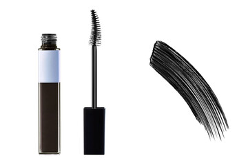 Mascara. Black mascara brush stroke with applicator brush isolated on white background.