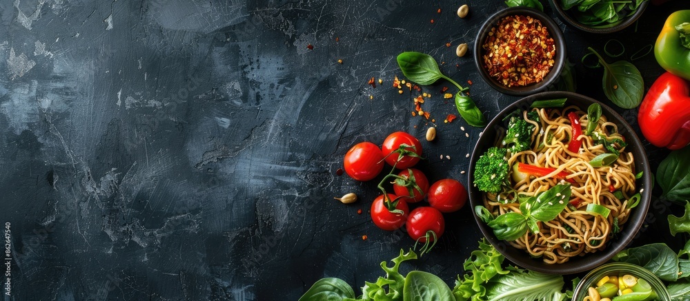 Poster A top-down image of noodles with assorted vegetables on a black background, displaying free copy space.