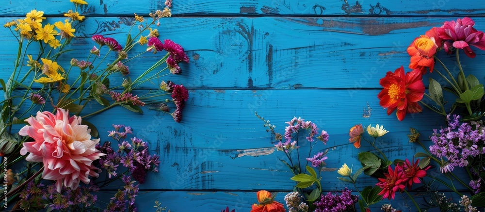 Poster floral arrangement on blue wooden boards. ideal for adding text to the copy space image.