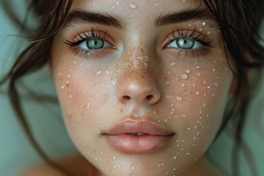 Close-up portrait of a girl with blue eyes, adorned with freckles and water droplets, capturing raw and natural beauty, fresh and pure in a serene and calm setting.