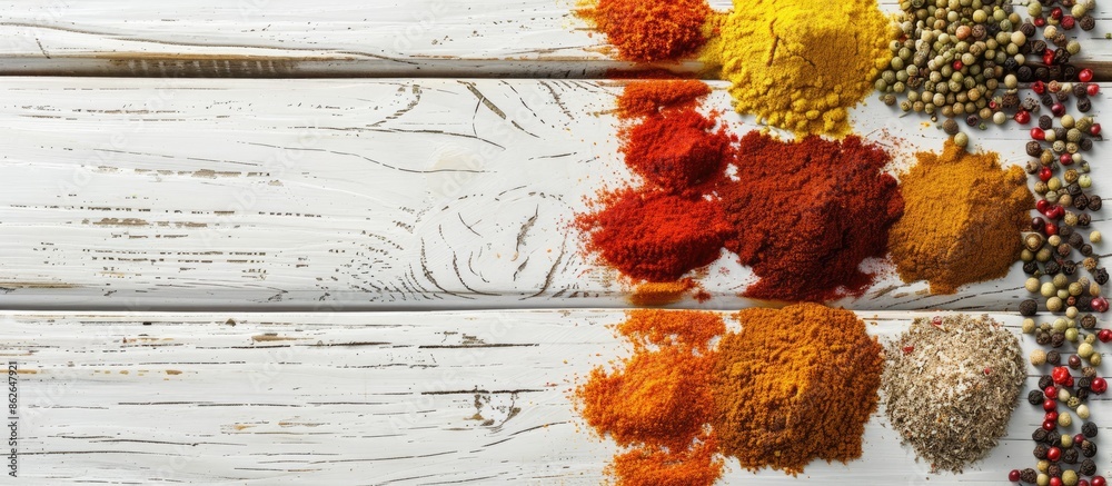 Poster Vibrant spices arranged on a weathered iron surface atop a white wooden table, seen from above, creating a food-themed frame with space for text or images. Copy space image