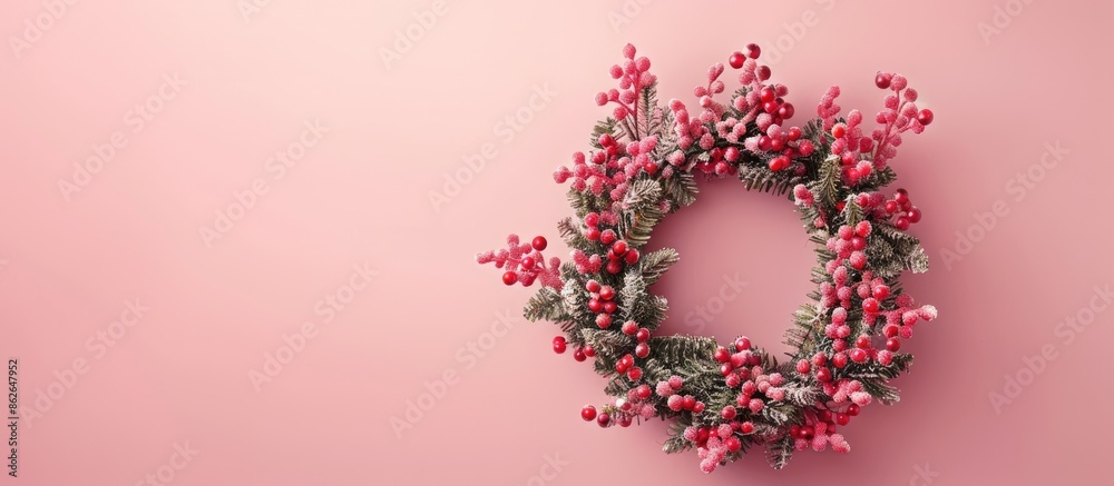 Poster A Christmas wreath displayed against a soft pink background, serving as a festive decoration. Positioned flat with a view from above and room for text or images. Copy space image