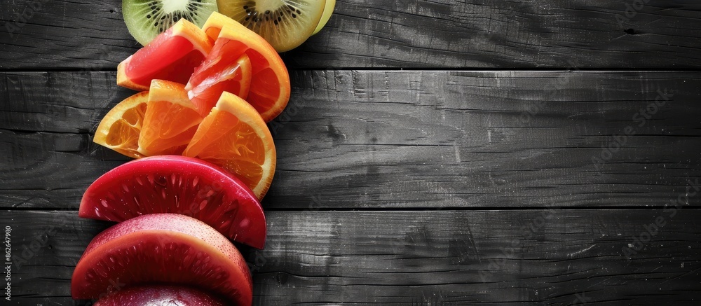 Poster variety of sliced fruits on a monochrome wooden surface with copy space image, creating a summer-the