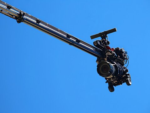 camera jib with a long arm and remote-controlled camera head, used to capture smooth, sweeping shots and high-angle views.