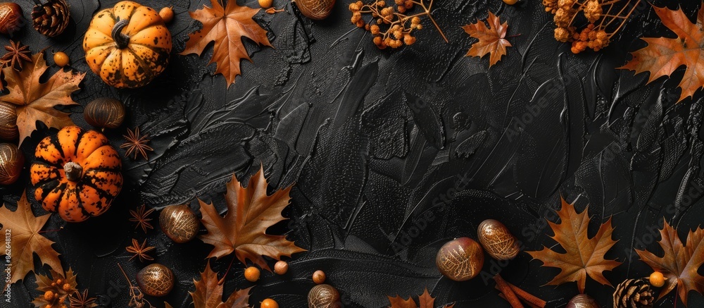 Poster flat lay top view of autumn-themed items like brown and gold leaves, pumpkins, on a dark black backg