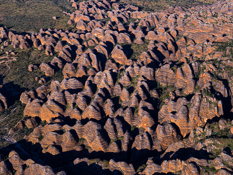 Aerial view of unique rock formations and breathtaking landscape, Purnululu, Bungle Bungles, The Kimberley, Australia.