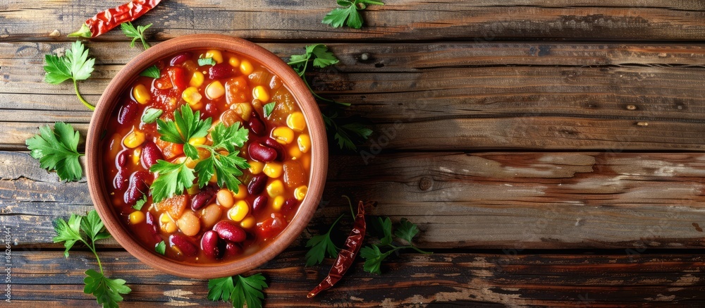 Aufkleber a rustic bowl of tasty chili bean soup on a wooden background with ample copy space image.