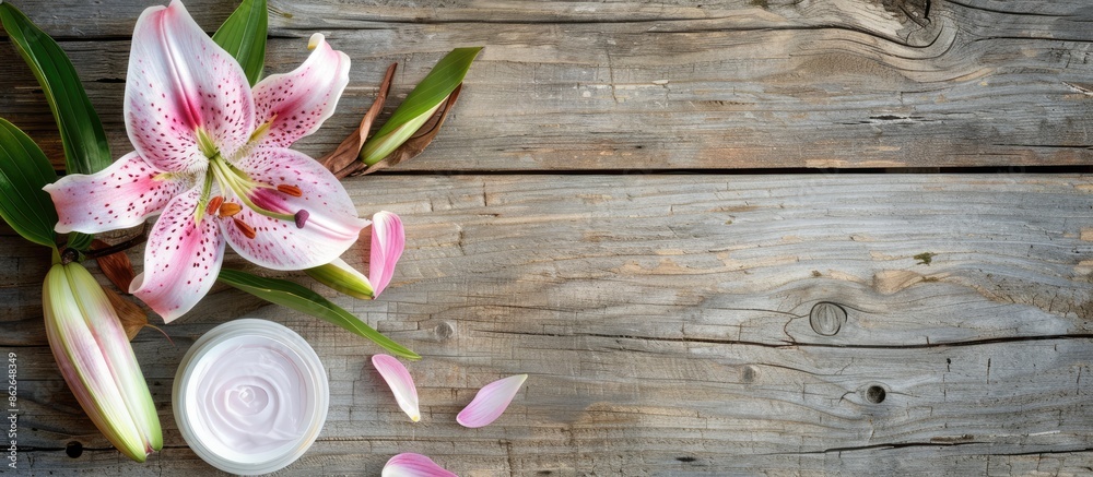 Poster weathered wooden table background with a pink lily flower and cosmetic cream, creating a charming co