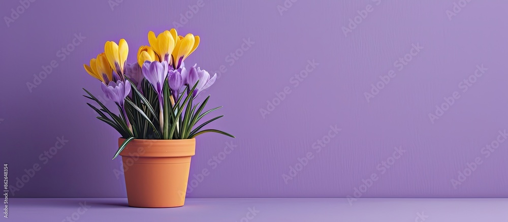Poster A flower pot displaying crocuses is set against a purple backdrop with copy space image.