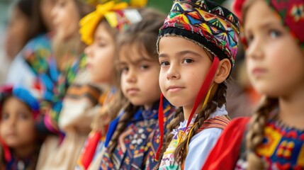 Fototapeta premium A group of young girls in traditional Romanian costumes stand together, showcasing their colorful attire and cultural heritage