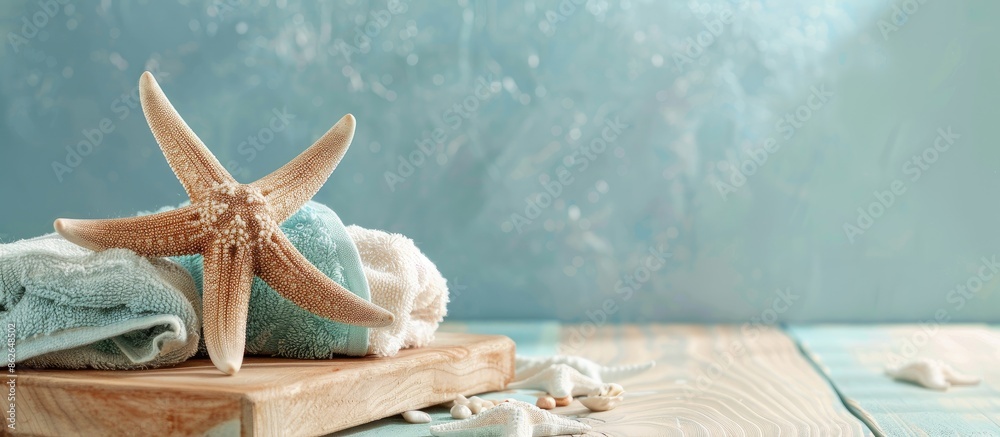 Poster starfish-adorned towels displayed on a wooden surface with a light blue backdrop, offering ample cop