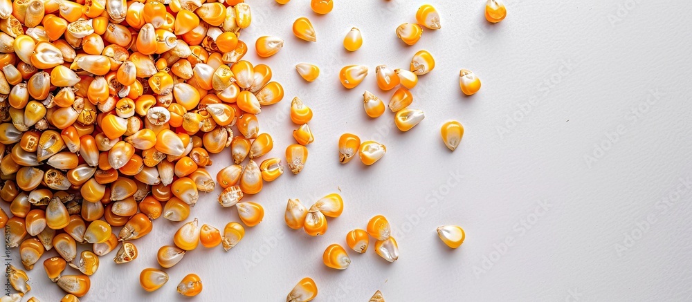Poster Top-down view of dried corn kernels on a white background, perfect for popcorn, with ample copy space image available.