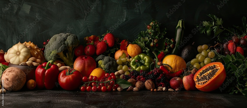 Wall mural fresh fruits, vegetables, and nuts displayed in a close-up on a dark surface with copy space image. - Wall murals