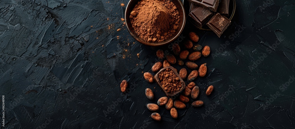 Poster A cocoa-themed concept with cocoa powder in a bowl next to cocoa beans and chocolate on a black background, providing a copy space image.