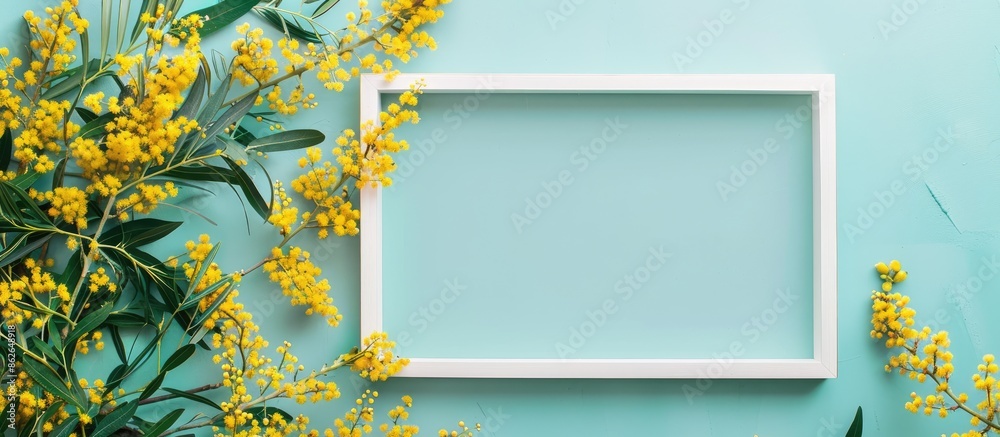 Poster Spring flower arrangement with a blank photo frame, featuring mimosa flowers on a soft blue background. Top view flat lay with ample copy space image.
