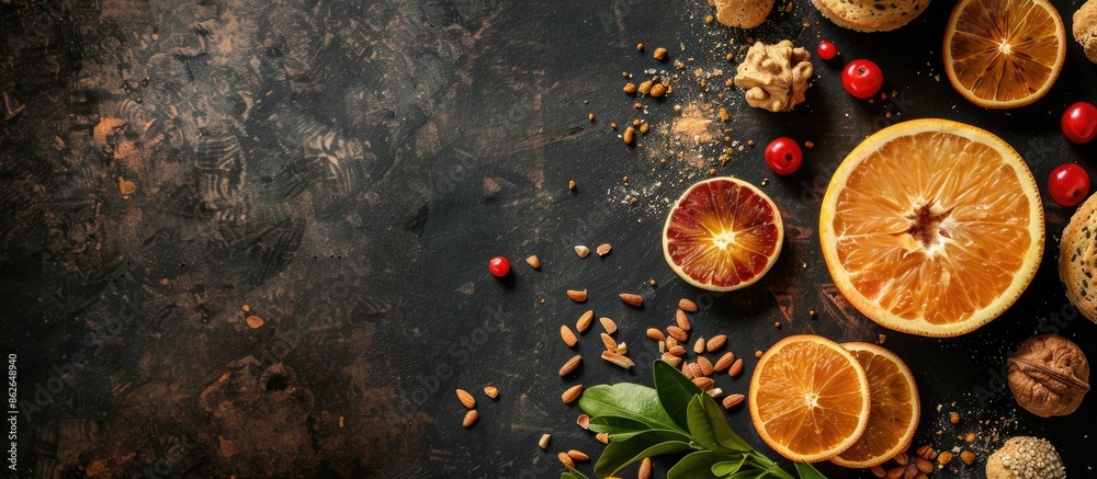 Poster a fresh and appetizing arrangement on the table with halved citrus, golden nuts, two sweet biscuits,