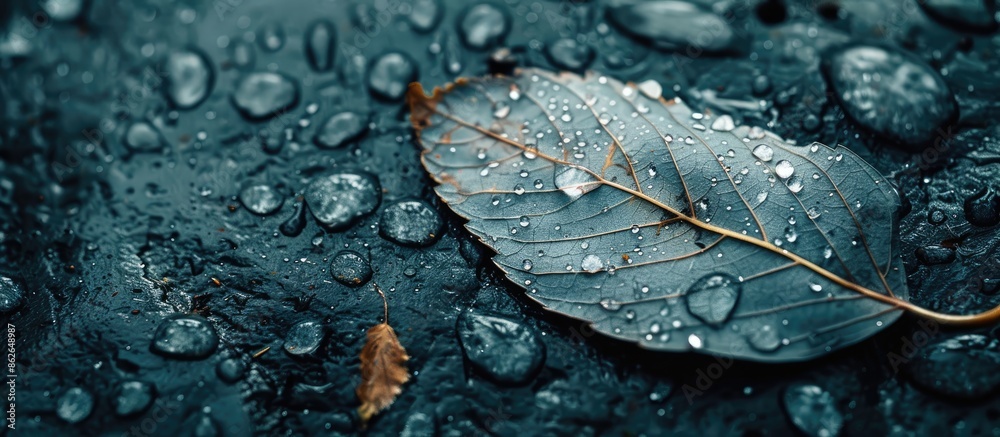 Poster leaf with raindrops, presents a serene image with copy space.