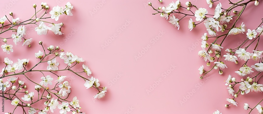 Poster delicate white flowers on a pastel pink background with copy space image. illustrating a springtime 