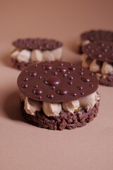 delicious dessert with chocolate cream, hazelnut praline and coffee. crispy base and chocolate decor. tasty pastry tart. modern dessert. layers. european confectionery
