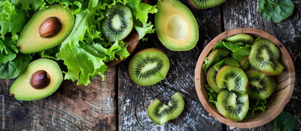 Poster avocado kiwi salad with lettuce mix, perfect for a healthy meal or snack, displayed on a rustic tabl
