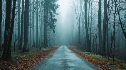 Fototapeta premium A road in the woods with a foggy atmosphere. The road is wet and the trees are tall