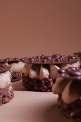 delicious dessert with chocolate cream, hazelnut praline and coffee. crispy base and chocolate decor. tasty pastry tart. modern dessert. layers. european confectionery

