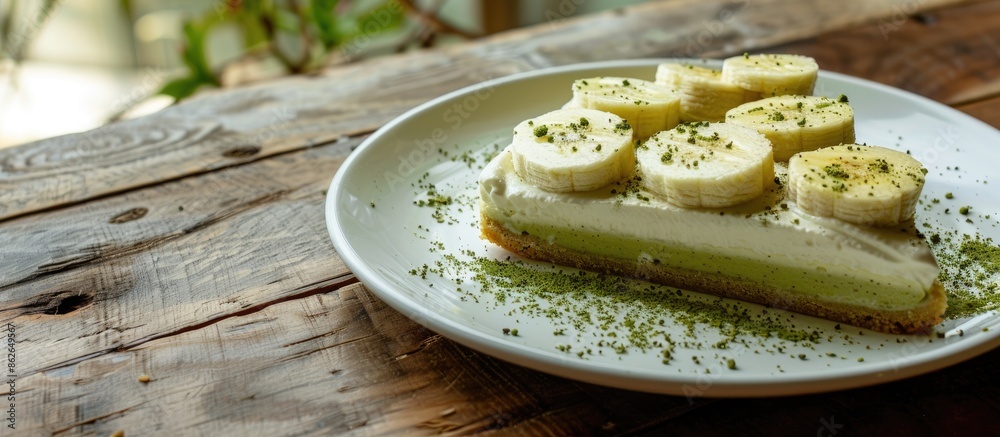 Aufkleber banana-topped matcha banoffee pie on a white plate with a wooden table backdrop for a copy space ima