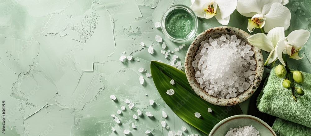 Poster a serene spa scene featuring a green color palette, an elegant orchid, and a bowl of salt, all displ