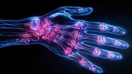 A translucent hand with highlighted joints and bones, representing pain or inflammation.